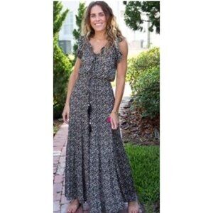 Natural Life Floral Maxi Dress Women XL Tiered Drawstring Waist Tassle Cord Boho